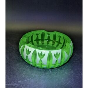 Vintage Moser Bohemian White Cut To Green‎ Uranium Glass Ashtray Floral 4.5"